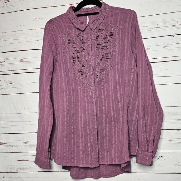 Free People Carter Dobby Lace Detail Button Down Shirt - Picture 1 of 10